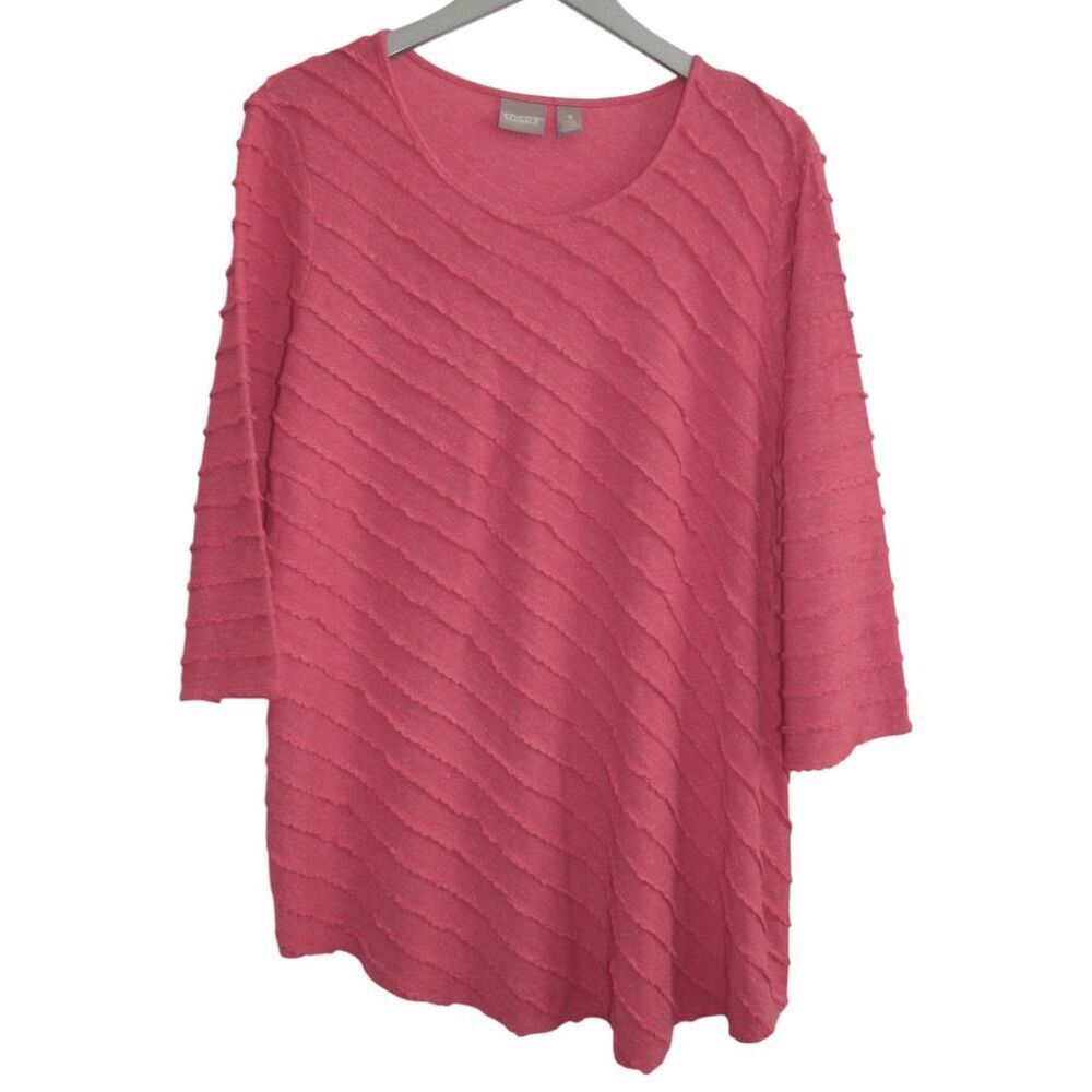 Chico's Coral‎ Pink 3/4 Sleeve Textured Stripe Linen Blend Top Sz 3 XL